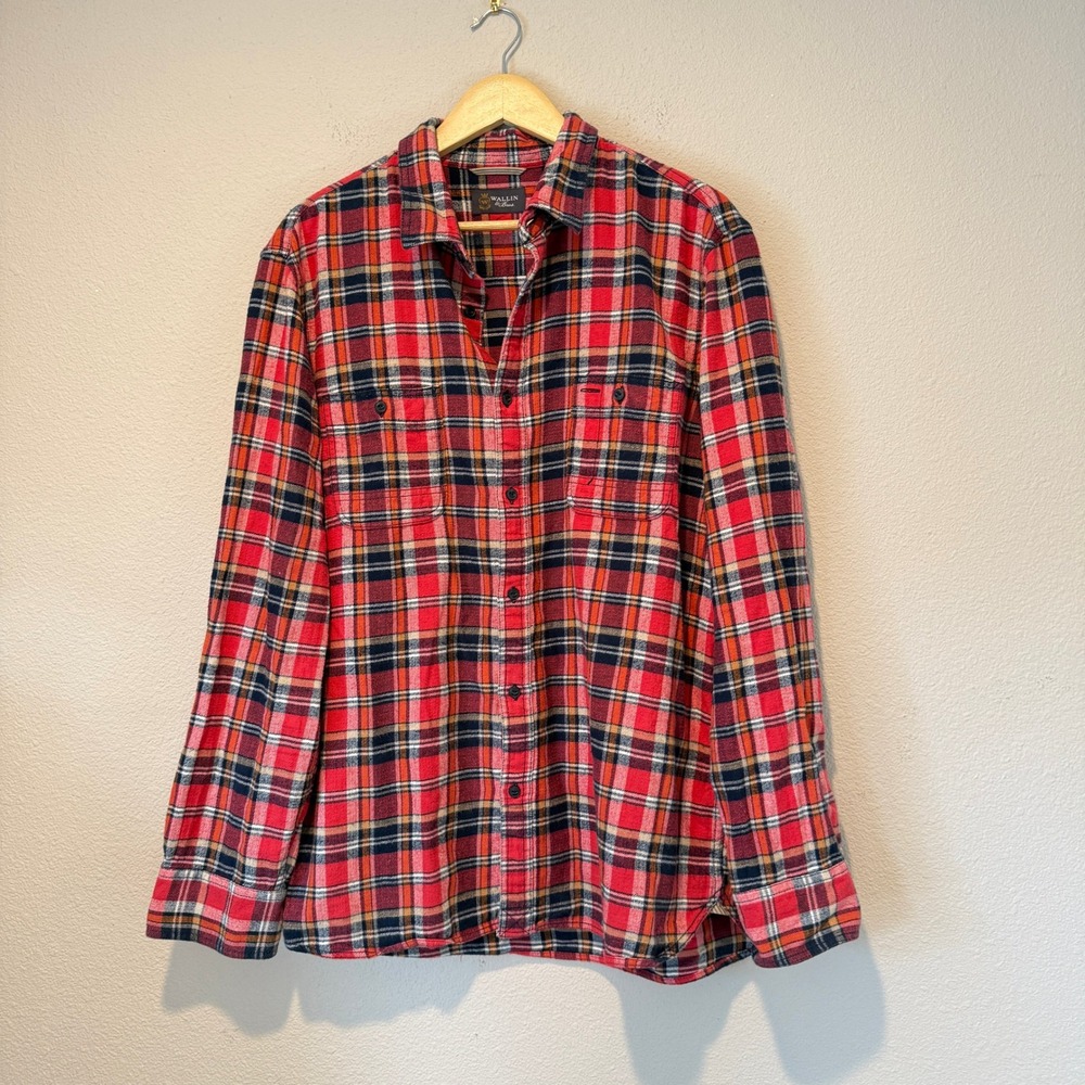 Wallin & Bros Mens Red Plaid Flannel Shirt Long Sleeve Button Down Cotton L